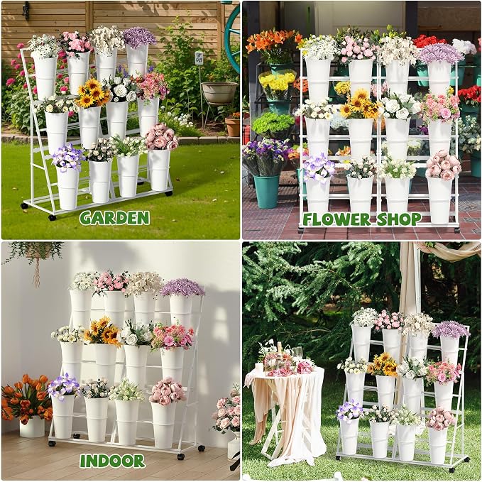 Invech Flower Display Stand with 12 Buckets and Wheels, 3 Tier Flower Cart Display Stand for Indoor Outdoor Garden, Wedding, Flower Shop (White)