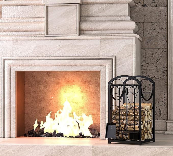 Kingson Firewood Rack Indoor Wood Holders Fireplace Tool Rack Outdoor Log Holder Rack Lumber Storage Stacking Fireplace Tools Set Wood Stove Accessories Black