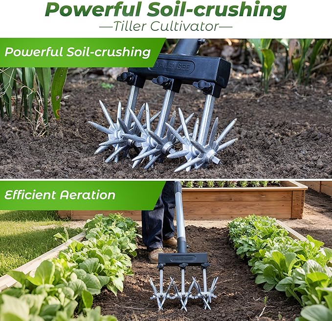 Walensee Rotary Cultivator Garden Tool, Adjustable Hand Tiller with Long Handle, Manual Soil Crusher for Breaking Up Clods, Seedbed Prep, Reseeding, Aerating Raised Beds, Garden, Yard & Lawn