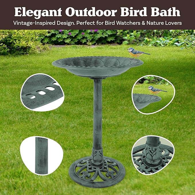 Pure Garden 50-LG1072 Antique Bird Bath-Weather Resistant Resin Birdbath with Vintage Scroll Design, 3 Ground Stakes for Garden,Outdoor Decor (Patina Green)