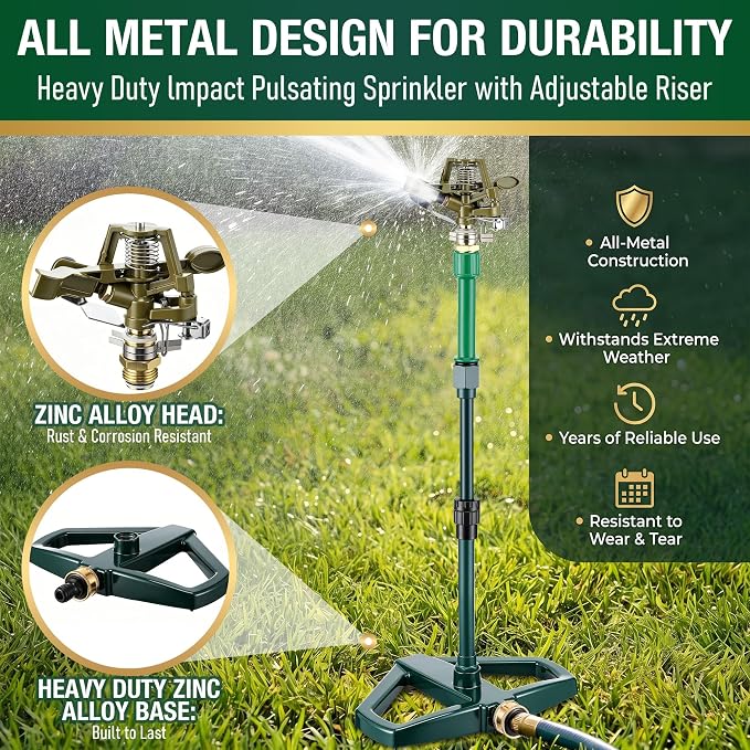 Heavy Duty Impact Pulsating Sprinkler with 16-30" Adjustable Aluminum Sprinkler Riser, All Metal Rotating Circular Impulse Lawn Sprinklers for Medium to Large Lawn Garden Area, Coverage up to 5800 Sq