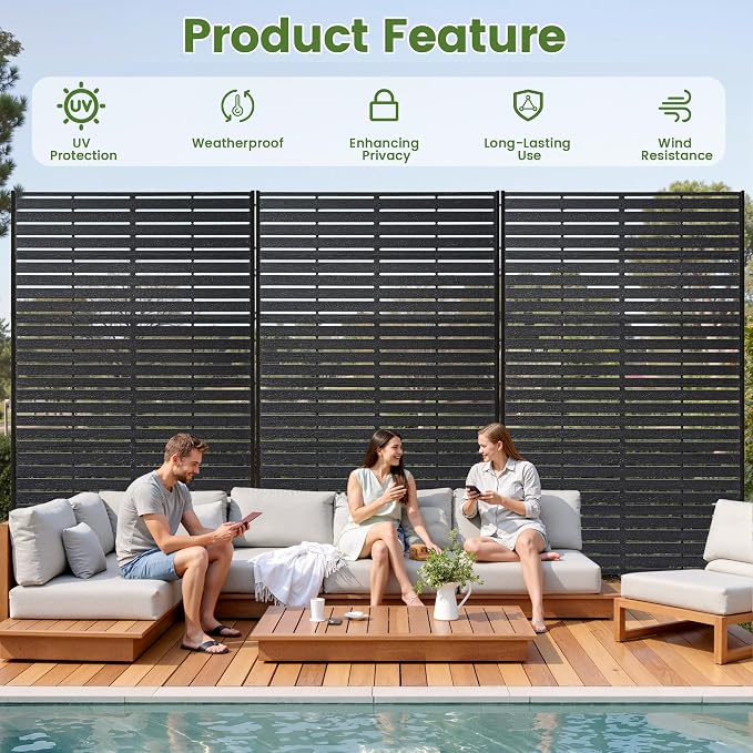 Outdoor Privacy Screen 72" H HDPE Decorative Freestanding Privacy Panel, Sandblasting Louvered Privacy Screens with Stand, Weather-Resistant Panel for Patio, Balcony, Backyard(6 Panels)
