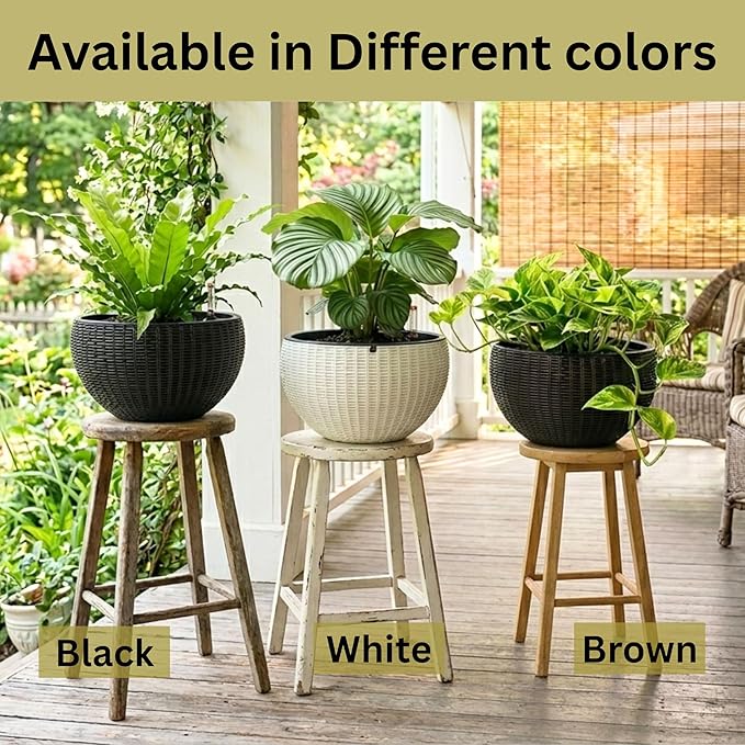 LaLaGreen Hanging Planters for Indoor Plants (11 Inch, 3 Pack) Self-Watering Round Rattan Style Hanging Flower Pots with Water Level Indicator, Black Metal Chain Baskets for Porch Garden Balcony Decor