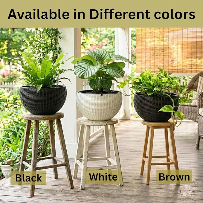 LaLaGreen Hanging Planters for Indoor Plants (11 Inch, 3 Pack) Brown Rattan Style Self-Watering Flower Pots with Water Level Indicator, Plastic Baskets with Metal Chain for Balcony, Porch Garden Decor