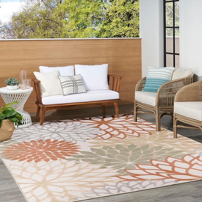 Nourison Home Aloha Indoor-Outdoor Ivory Multicolor 9' x 12' Area Rug, Easy Cleaning, Non Shedding, Bed Room, Living Room, Dining Room, Backyard, Deck, Patio (9x12)
