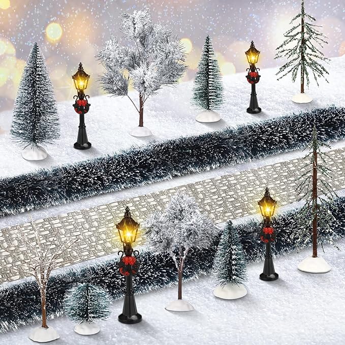 Hotop 18pc Christmas Village Accessories 47.2 Inch Village Roads Mini Snowy Trees Streets Light Lamppost Hedge Figurines Set for Display Winter Holiday Decorations DIY Crafts No Batteries(Chill)