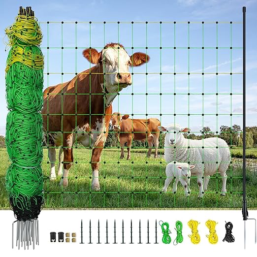 Electric Fence Netting, 164'L x 47.2" H Electric Fence Kit for Livestock, Farms, Backyards, Garden, Assembled Double Spiked Portable Electric Farm Fence