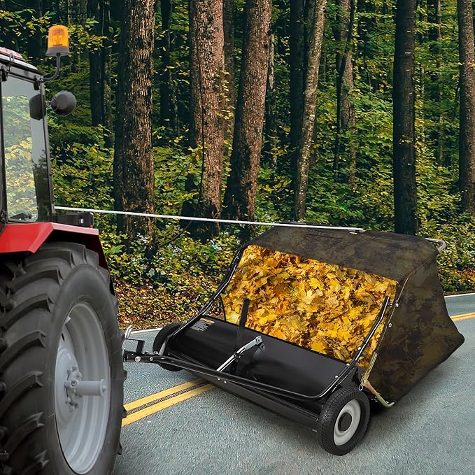 Garvee 48 in Lawn Sweeper Tow Behind, 25 cu.ft. Large Pull Behind Grass Sweeper, Heavy Duty Leaf & Grass Collector with Dumping Rope Design, Adjustable Sweeping Height for Picking Up Debris & Grass