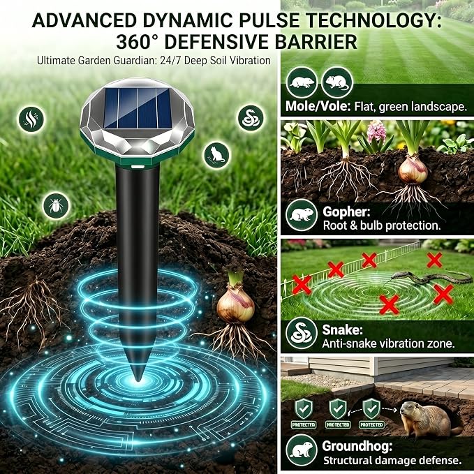 8 Pack Mole Repellent Solar Powered Gopher Repellent Ultrasonic Vole Repellent Outdoor Waterproof Spikes Repellent Rat Deterrent Groundhog,Chipmunk,Snake,Sonic Mole Stakes for Garden,Yard