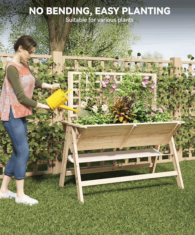 GarveeHome 52x30x54 in Raised Garden Bed with Legs, Elevated Wooden Raised Planter Box with Vine Climbing Trellis Outdoor Standing Growing Bed for Growing Vegetables Flowers Herbs