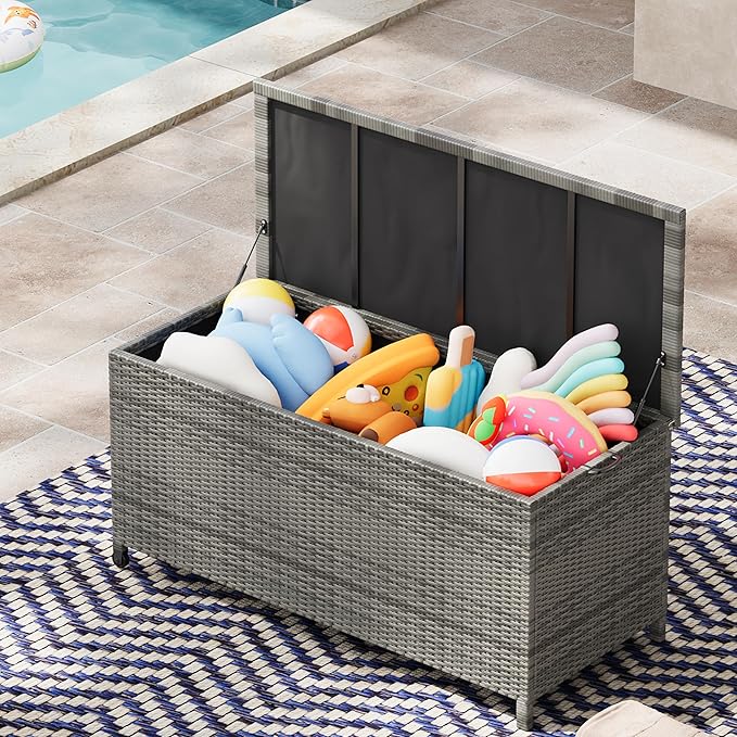 125-Gallon Outdoor Deck Box with Wheels, Waterproof PE Rattan & Aluminum Frame Storage Bin, Lockable Patio Furniture Chest for Cushions, Garden Tools, Pool Toys, Gray