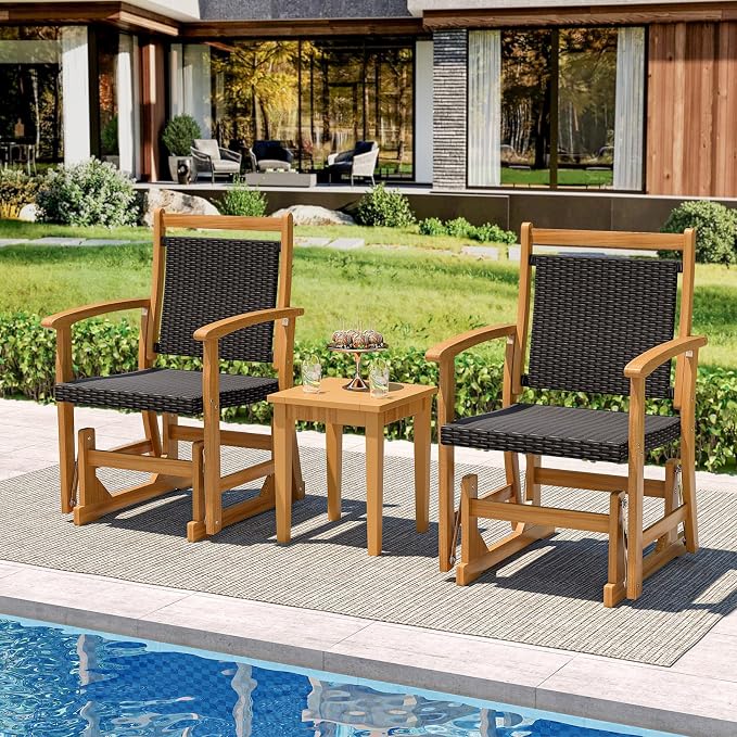 Tangkula Patio Rattan Glider Chair, Swing Gliding Rocker w/Acacia Wood Frame & Wicker Seat Back, Outdoor Rocking Armchair w/Curved Armrests for Porch, Backyard, Poolside (1 Seat-2 Pack)