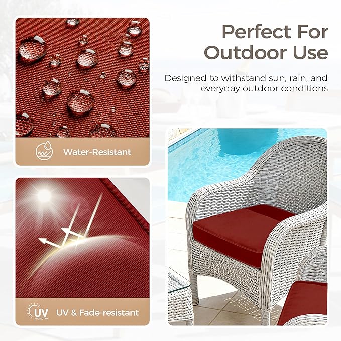 UNIKOME Outdoor Chair Cushions Set of 4, Water Resistant Patio Seat Cushions with Ties for Outdoor Furniture, High-Density Foam, UV & Fade Resistant, Piped Edge – 18.5" x 16" x 3", Wine Red