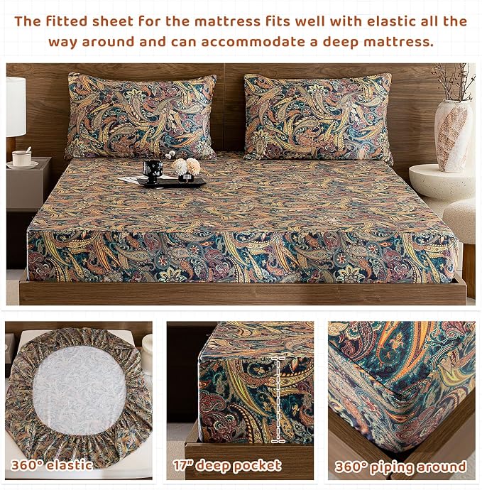 QSH Boho Bed Sheets Queen Size - 100% Egyptian Cotton Sheets Elegant Paisley Flower Pattern Printed Bedding Sheets Queen Size Bohemian Bedding 4pcs Deep Pockets Bed Sheets