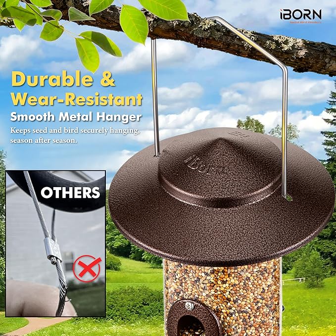 iBorn Bird Feeder Squirrel-Chew Proof Metal Hanging Birds Feeder Bird Feeders for Outdoors Hanging Outside for Cardinal, 3 Perches with 2 Feeding Ports, Brushed Coffee (Seed is not Included)