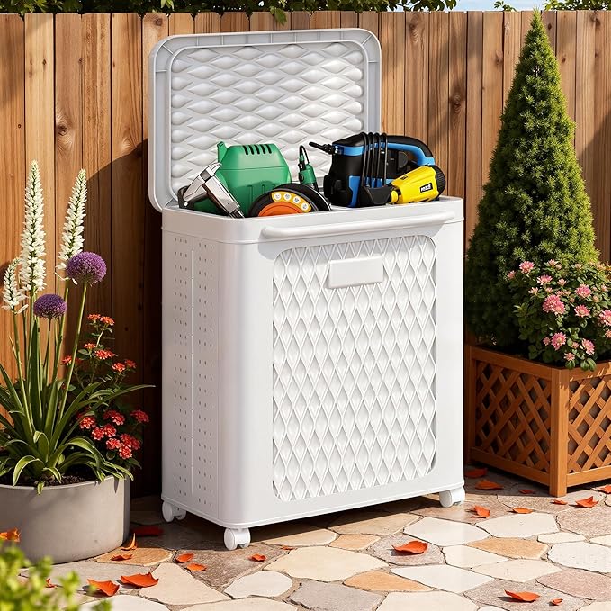 VECELO Deck Box, Outdoor Storage Box with Wheels and Lid, Waterproof Storage Bin for Package Delivery for Patio Furniture, Garden Tools, Pool Supplies, Foldable, White, 19.3" x 13.8" x 25.0"