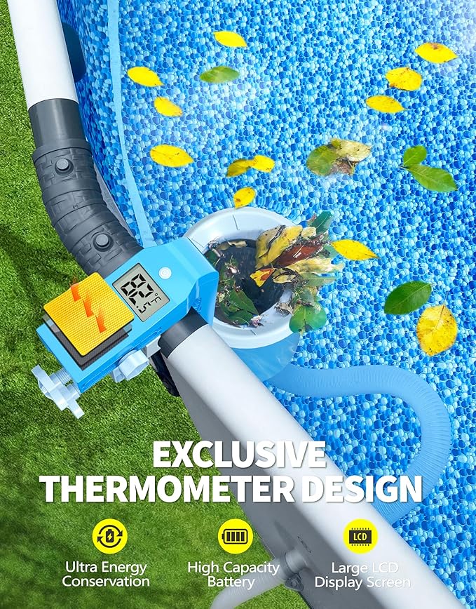 BluSwim Above Ground Pool Skimmer with Solar Digital Thermometer | Wall Mount Surface Skimmer - Auto Skimming Pool Floating Debris | 2 Upgraded Bracket - More Stable & Height Adjustable