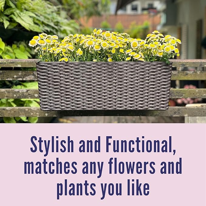 LaLaGreen Outdoor Rail Planter for Balcony (20 Inch, 2 Pack) Large Black Self Watering Railing Planters with Brackets, Rectangular Plastic Window Flower Box Fence Designer Choice with Rattan Pattern