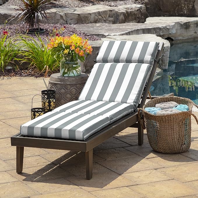 Arden Outdoor Chaise Cushion, 21 in x 72 in, Weather-Proof, Rain-Proof, Fade Resistant Patio Cushion for Chaise Lounger Stone Grey Cabana Stripe