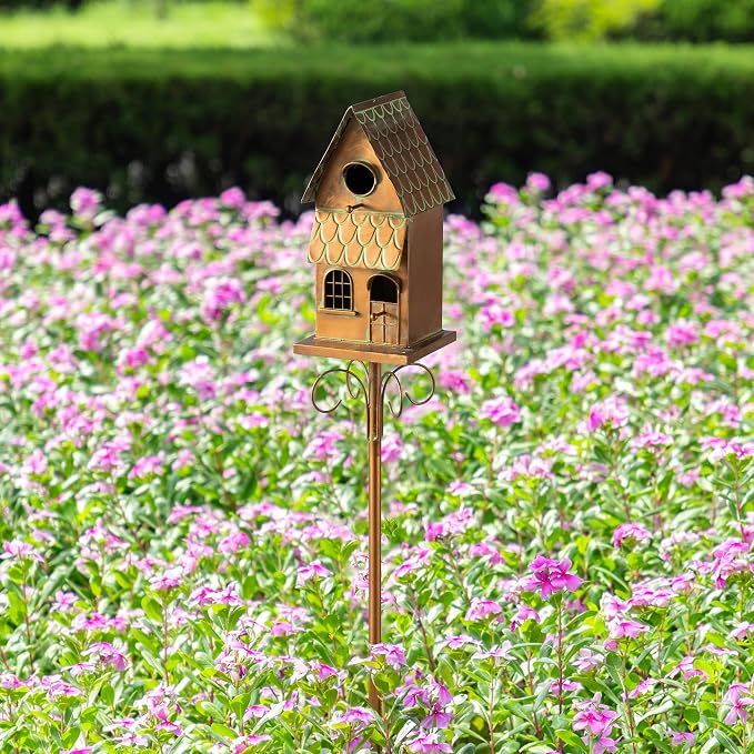Glitzhome Birdhouses for Outdoors, Decorative Bird Houses for Outside, 53" H Farmhouse Faux Copper 2-Tiered Distressed Metal Bird House Garden Birdhouse with Stake for Outdoor Patio