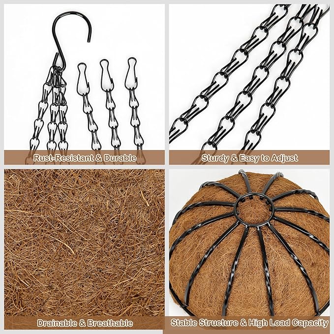 12 Inch Metal Hanging Basket with Coco Coir Liner for Flowers Planting, 2 Pack Hanging Baskets for Plants Outdoor, Round Wire Twisted Planters with Chain for Home Patio Porch Balcony Garden Decor