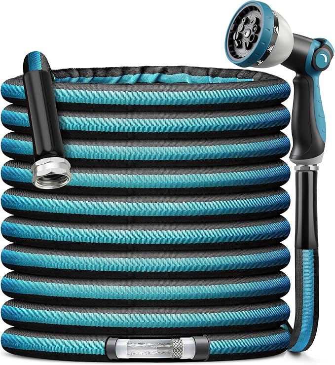 Garden Hose Water Hose 100ft Lightweight Flexible, Kink-Free Outdoor Heavy Duty 3/4" Rustproof Metal Fittings, 10-Pattern 360° Rotating Spray Nozzle for Yard Lawn Car Wash