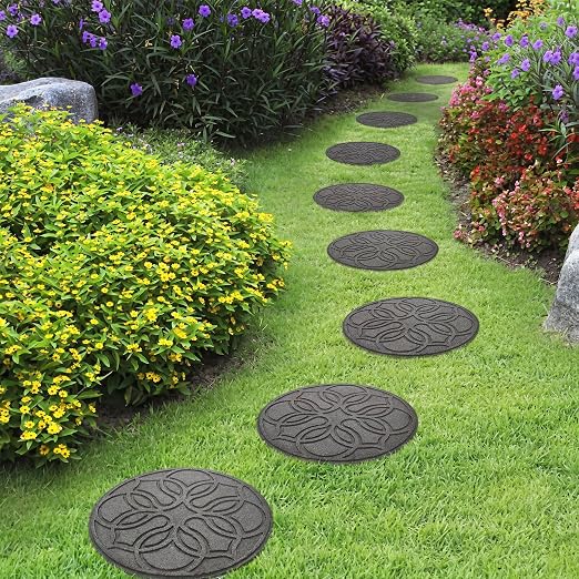Garden Central TierraVerde 4-Pack 18”x18” Fake Pendant Rubber Stepping Stones, Round, Grey – Reversible Non-Slip Outdoor Faux Decorative Set for Landscaping – DIY Decor for Walkways & Yard Pathways
