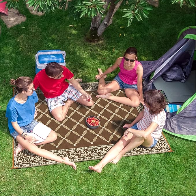 Stylish Camping 116097 6-feet by 9-feet Reversible Mat, Plastic Straw Rug, Large Floor Mat for Outdoors, RV, Patio, Backyard, Picnic, Beach, Camping (Brown/Beige)
