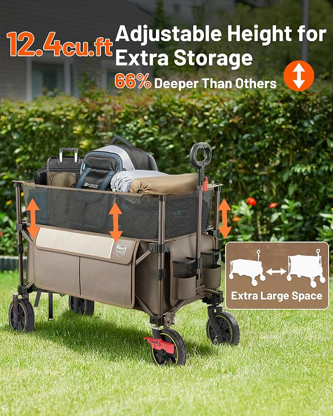 Timber Ridge 350L Extra Large Collapsible Folding Wagon Carts with Brake, Heavy Duty Outdoor Camping Utility Wagons with Extended Height, Adjustable Handle, Cup Holders, Side Bag(Tan)