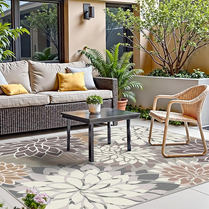 9x12 Outdoor Area Rug Washable Multicolored Patio Rug Tropical Botanical Floral Chenille Waterproof Outdoor Carpet Non-Slip for Deck, Backyard, Porch, Taupe