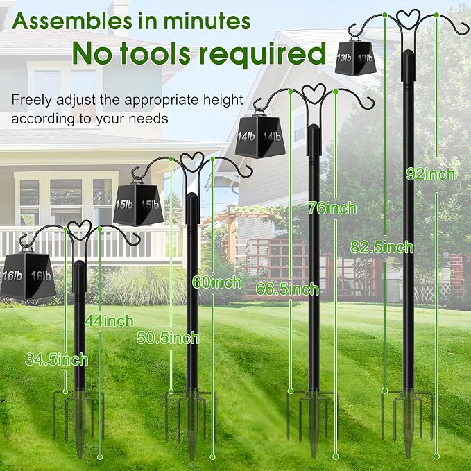 XDW-GIFTS Shepherds Hooks for Outdoor, 2-Pack 92 Inch Heavy Duty Bird Feeder Pole, Garden Pole for Hanging Plants, Lantern, Hummingbird Feeder, Hanging Plant Stand with 5 Base Prongs