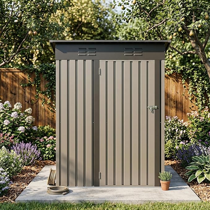 5x3 ft Outdoor Storage Shed with Lockable Door – Heavy Duty Metal Tool Shed with Dual Ventilation & Sloping Roof for Backyard, Garden, Patio, Bike & Equipment, Brown
