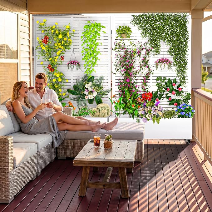 MTART Metal Planter Box with Trellis, 72.1"x47.2"x16" Outdoor Galvanized Raised Garden Bed with Privacy Screen & Drainage Holes & Lockable Casters for Climbing Plants, Vegetable (White-Louvered)