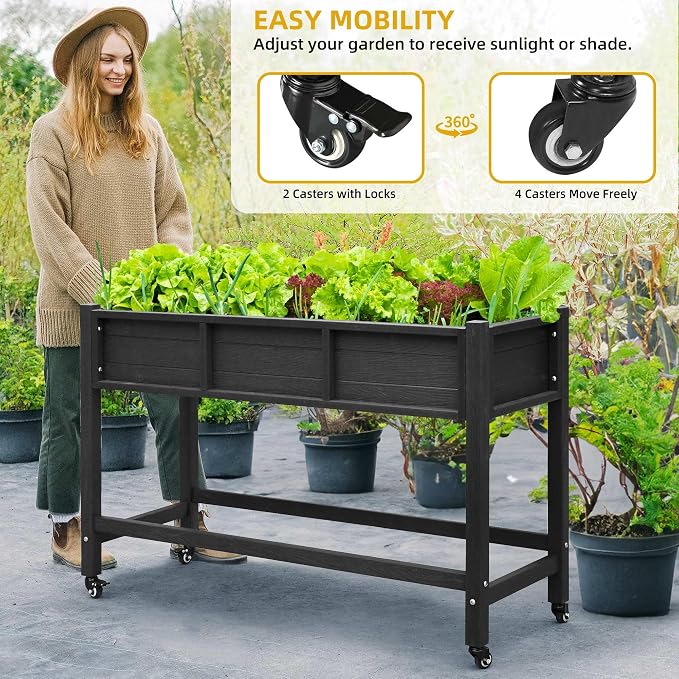DWVO 47x18x31in Raised Garden Bed HDPE, Weather-Resistant Poly Wood Planter Box Stand, Planter Box with Legs & Lockable Wheels, Elevated Garden Bed for Backyard Patio Balcony - Black