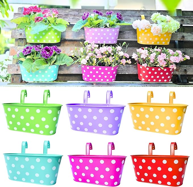 LaLaGreen Rail Planter Outdoor Plants (17 Inch, 6 Pack) Large Colorful Metal Iron Hanging Flower Pot Deck Railing Fence Buckets Countryside Style Window Plant Holder Hooks Porch Decor