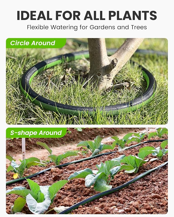 RAINPOINT 100FT Flat Soaker Hose for Garden (50FT x 2 Pack), Flexible & Leakproof Drip Hose with Anodized Aircraft Aluminum Fittings, Saves Up to 80% Water, Green