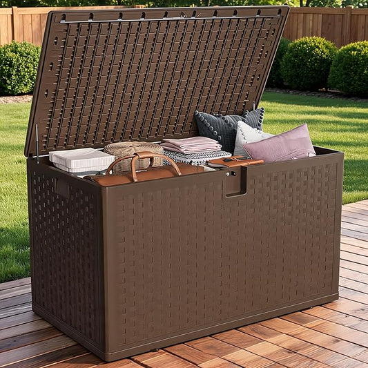 120 Gallon Outdoor Deck Box, Lockable Waterproof Outdoor Resin Box with Lid, Patio Storage Bin for Patio Furniture, Garden Tools, Pool Accessories - Brown