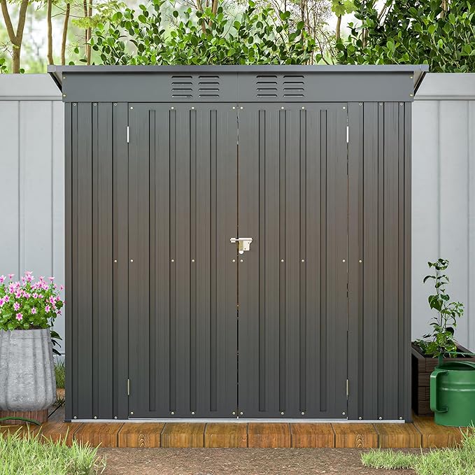 6x4 FT Galvanized Steel Garden Sheds with Ventilation and Sloped Roof, Metal Storage Locker Includes A Lock,Key & Hinged Doors,2 Pairs of Gloves,for Tool,Equipment,Black