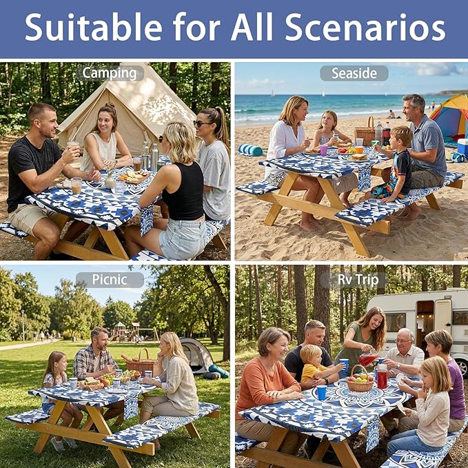 Fitted Waterproof Picnic Table Cover with Bench Covers Elastic 72×30Inch Weather Proof Non Slip Camping Table Clothes for 6Feet Rectangle Tables Campers Summer Fall Travel Hiking Tools Gifts