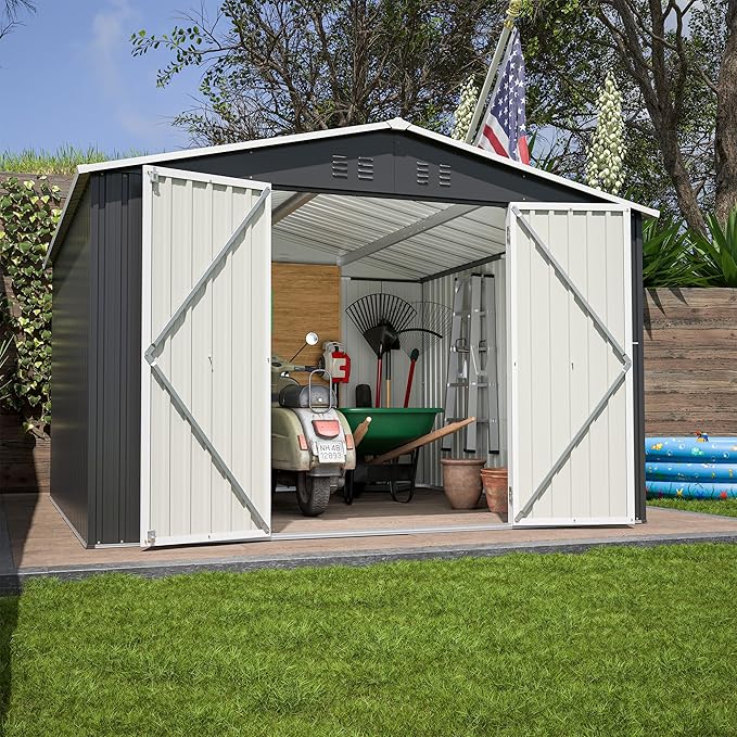 YOPTO 10 x 10 FT Outdoor Storage Shed,Heavy Duty Tool Sheds Metal Storage Garden Shed with Sloped Roof and Lockable Doors,Large Metal Storage Sheds for Backyard Patio Lawn, Black