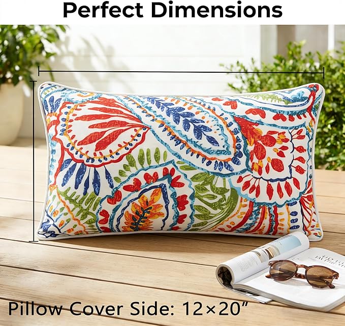 JMGBird Red Paisley Lumbar Support Pillow Set of 2 - Water-Repellent Cushions with Insert for Office Chair, Car Seat, Outdoor Furniture, 12x20 Inch