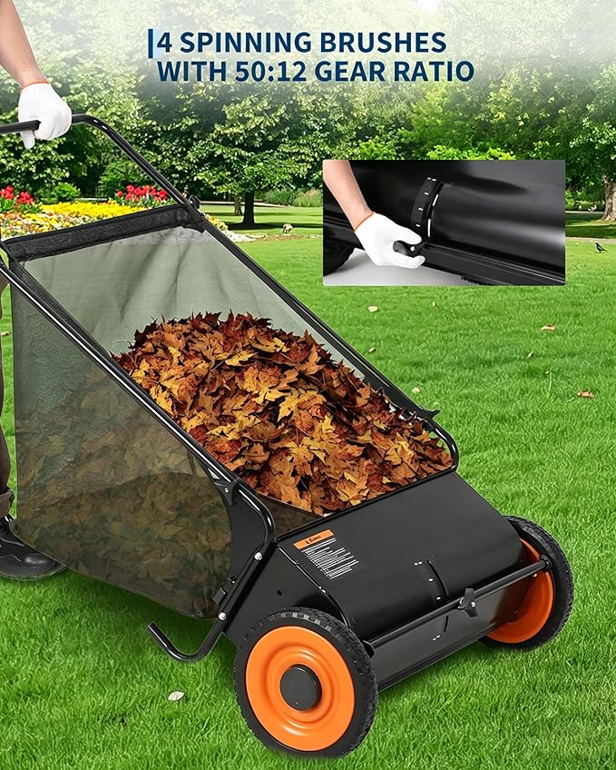 26-Inch Push Lawn Sweeper, 7 Cu. Ft. Hopper Leaf & Grass Collector, 4 Spinning Brushes, Adjustable Brush Height, Manual Yard Sweeper for Grass Clippings, Leaves & Light Debris, Black
