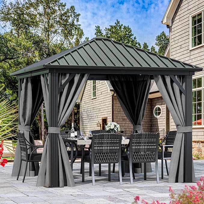 YITAHOME 10x10ft Hardtop Gazebo with Nettings and Curtains, Heavy Duty Galvanized Steel Outdoor Vertical Stripes Roof for Patio, Backyard, Deck, Lawns, Grey
