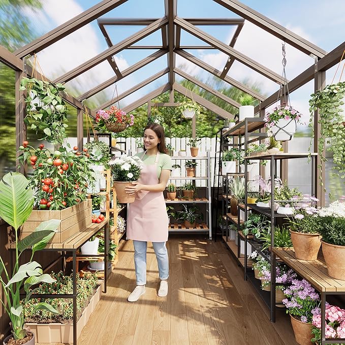 6x10 FT Greenhouse - Large Wooden Greenhouses for Outdoors, Heavy Duty Spruce Frame Greenhouse with PC Panels, Adjustable Roof Vents & Lockable Door, Walk-in Green Houses for Garden, Backyard, Patio
