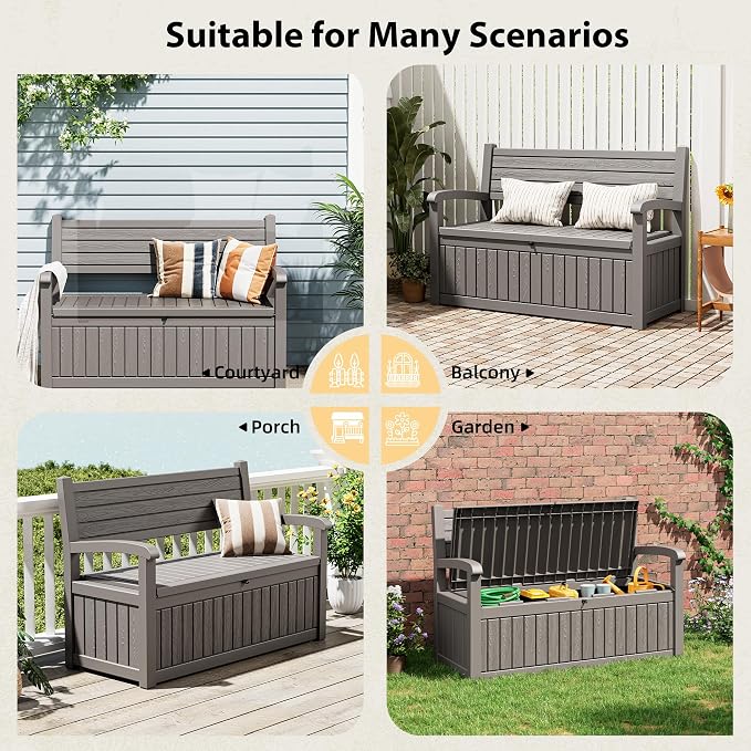 80 Gallon Lockable Deck Bench with Storage, Waterproof Outdoor Porch Bench, Resin Stripes Outdoor Storage Box for Cushions and Pool Supplies