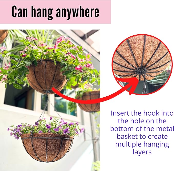 LaLaGreen Bundle - 10 Pack,4 Inch Black Metal Pot + 6 Pack,10 Inch Small and Cute Hanging Basket with Coco Liner,Garden Rail Fence Balcony Flower Succulent Holder Hanger Hook Rustic Outdoor Decor