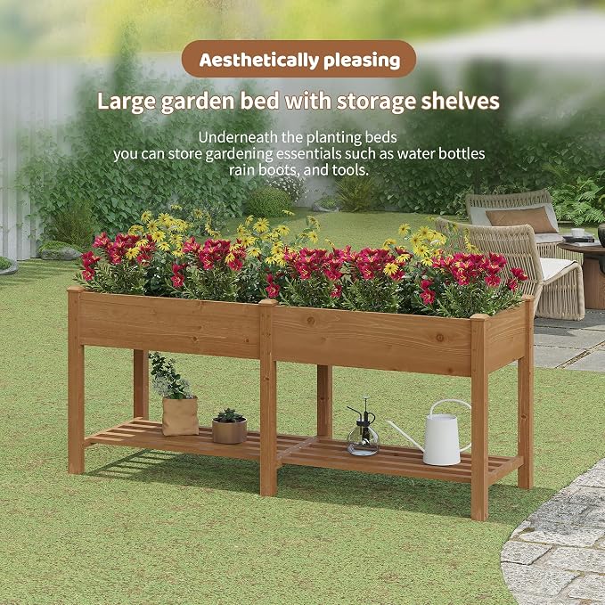 Raised Garden Bed with Legs Elevated Wooden Planter Box Stand Large Planter Stand Box for Fruits Vegetables Flowers with Divider with Bag- 72 * 24 * 30.5IN（Brown）