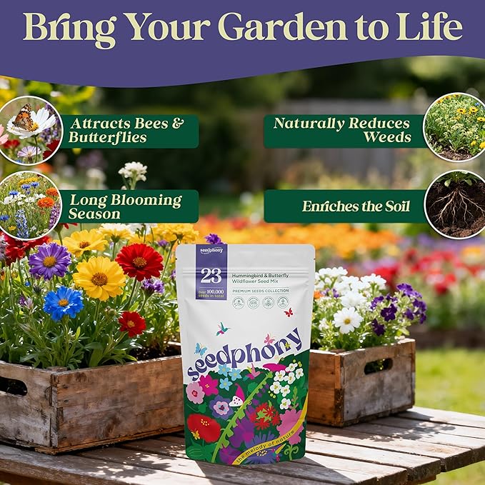Seedphony 23 Wildflower Hummingbird & Butterfly Mix 4 oz - 100,000 Non-GMO Heirloom Wildflower Seeds for Planting Garden, Perennial Flowers to Attract Bees, Butterflies & Birds in Waterproof Packet