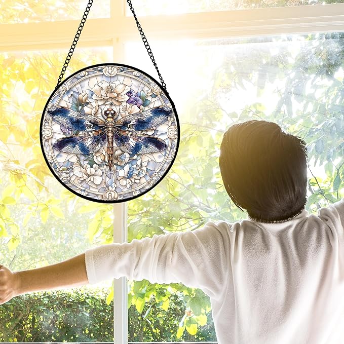 DASTOLL Stained Glass Window Hanging, Dragonfly Flower Suncatcher for Doors Home Sun Catchers Decoration and Christmas, Mother's Day Birthday Gifts for Women, Men, and Mom 11.8x11.8 in