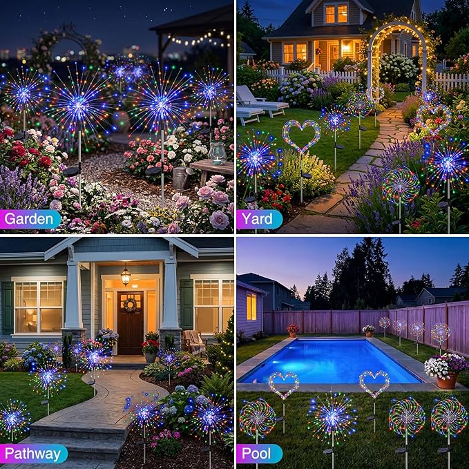 btfarm 2 Pack Solar Garden Lights Outdoor 8 Modes, 120 LED Firework Lights Solar Powered, Waterproof Twinkle Fairy Light Outside for Yard Pathway Lawn Pool Patio Christmas Decorative, Multicolor
